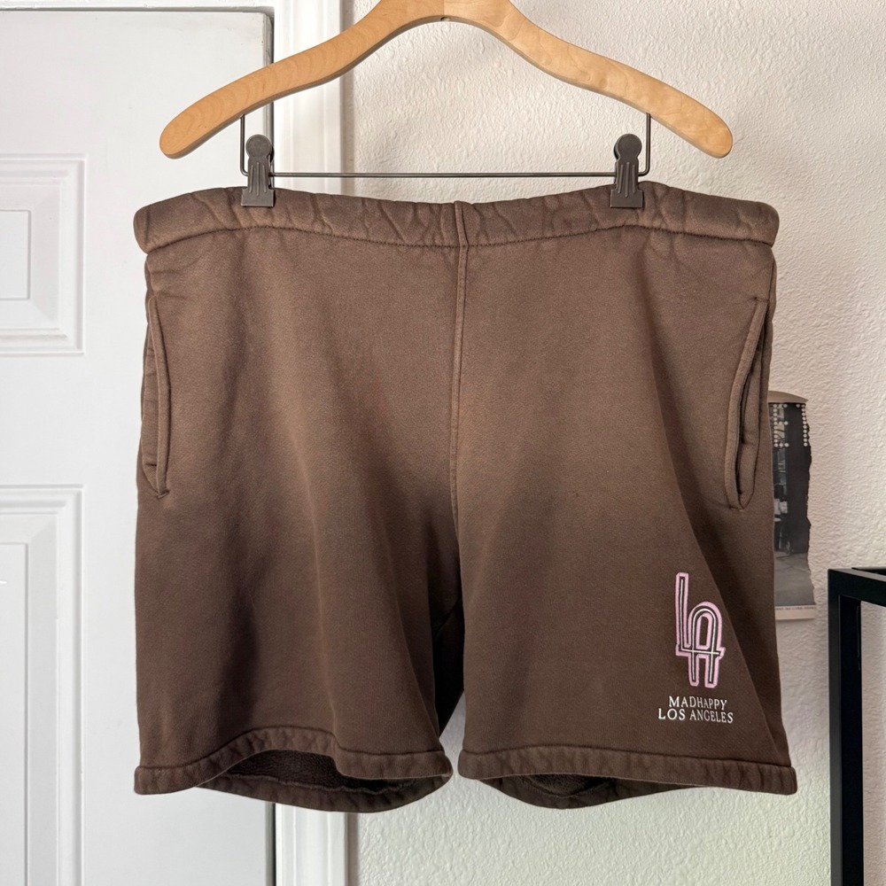 MADHAPPY brown logo graphic athletic fleece cotton pull on knit sweat shorts